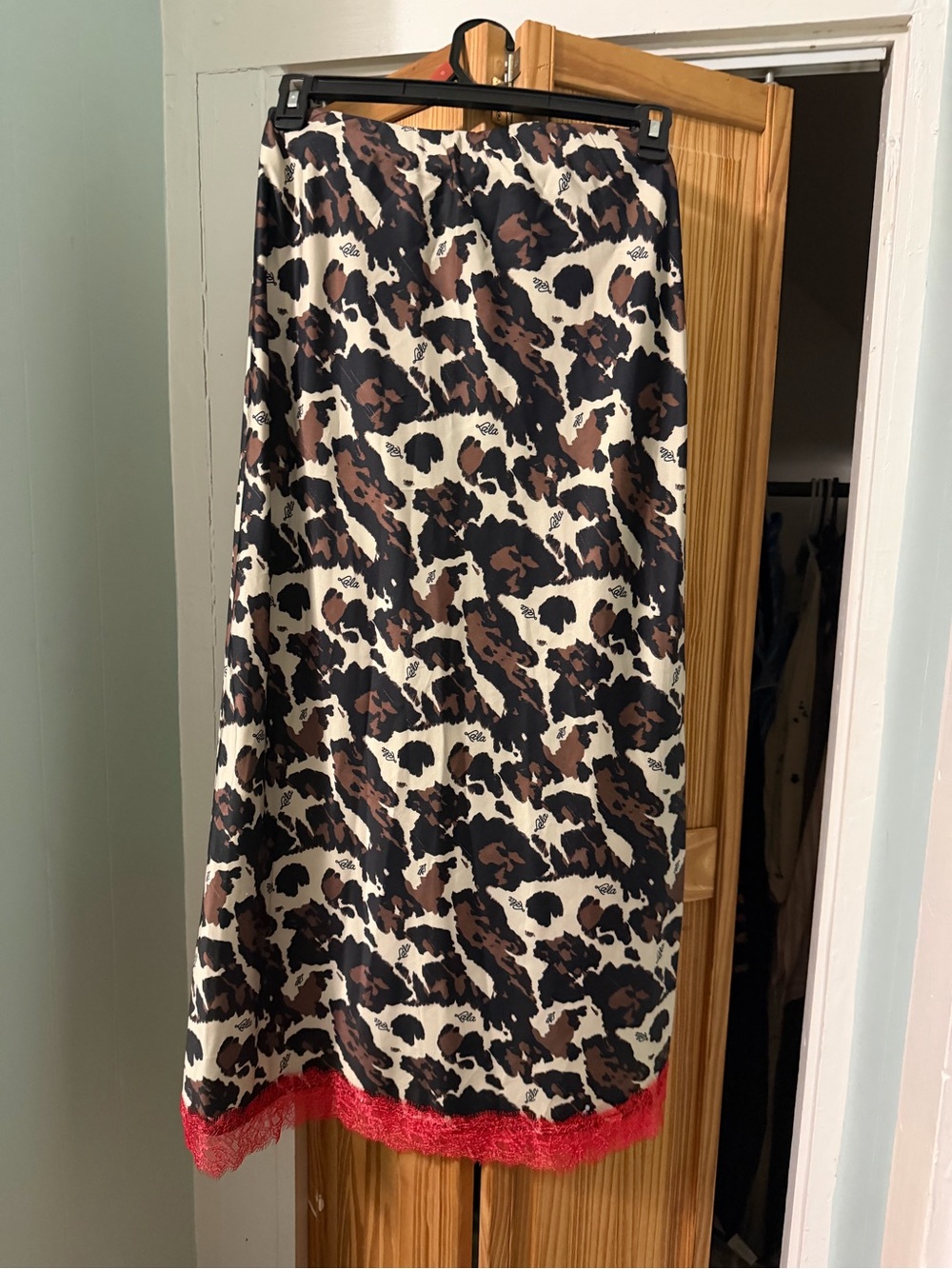 Dressed in LALA Leopard Print Satin Maxi Skirt with Red Lace Hem - Picture 4 of 4